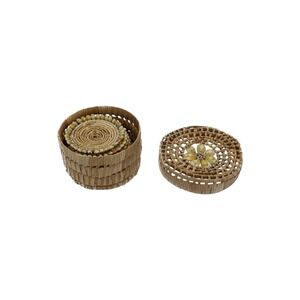 Handmade Cowrie Shell Coasters Set of 6 w/ Holder Woven Palm Coastal Boho Tiki